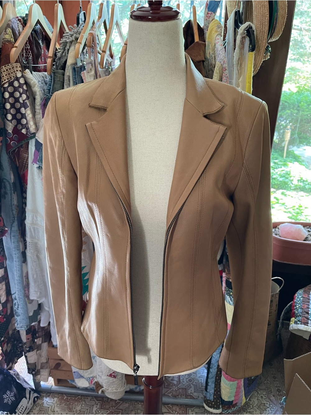 Cole Haan Women's Tan Leather Zip-Front Jacket